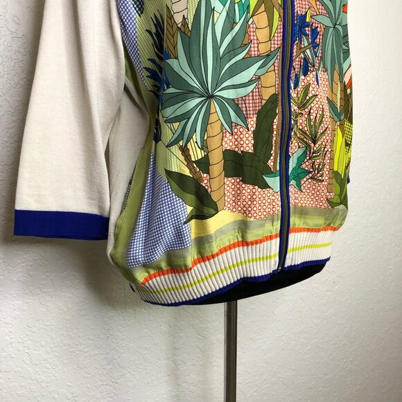 Tricot Chic blue green tropical print front cream back front zip cardigan US 12 - Picture 3 of 16